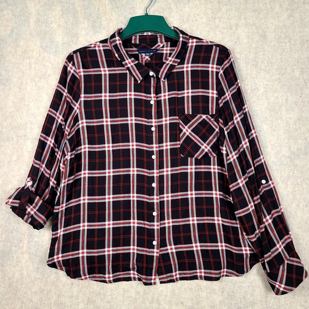 Tommy Hilfiger Black Red Plaid Button-Up w/ Roll Sleeves - Women's 2X